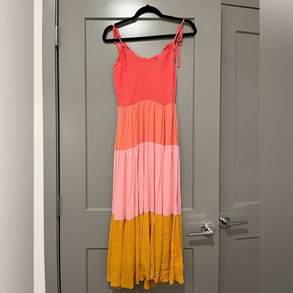 Tiered Colorblock Maxi Dress - Coral, Pink & Mustard